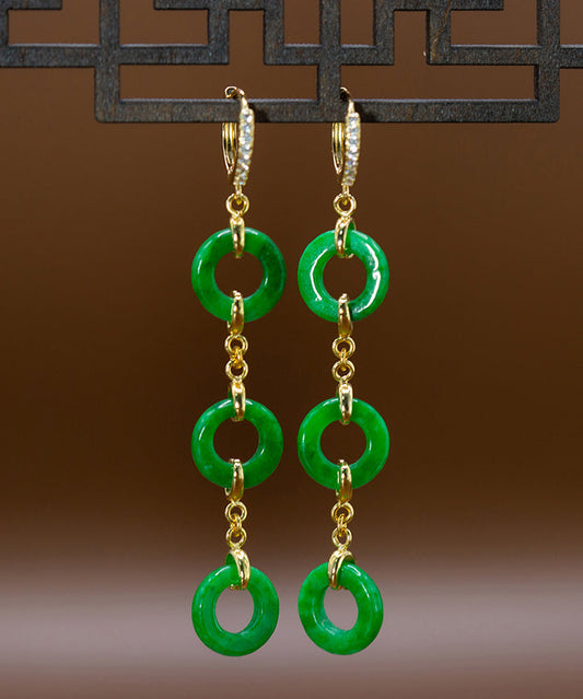 Vintage Green Sterling Silver Overgild Jade Circle Drop Earrings AC1063 Genistyle Shop