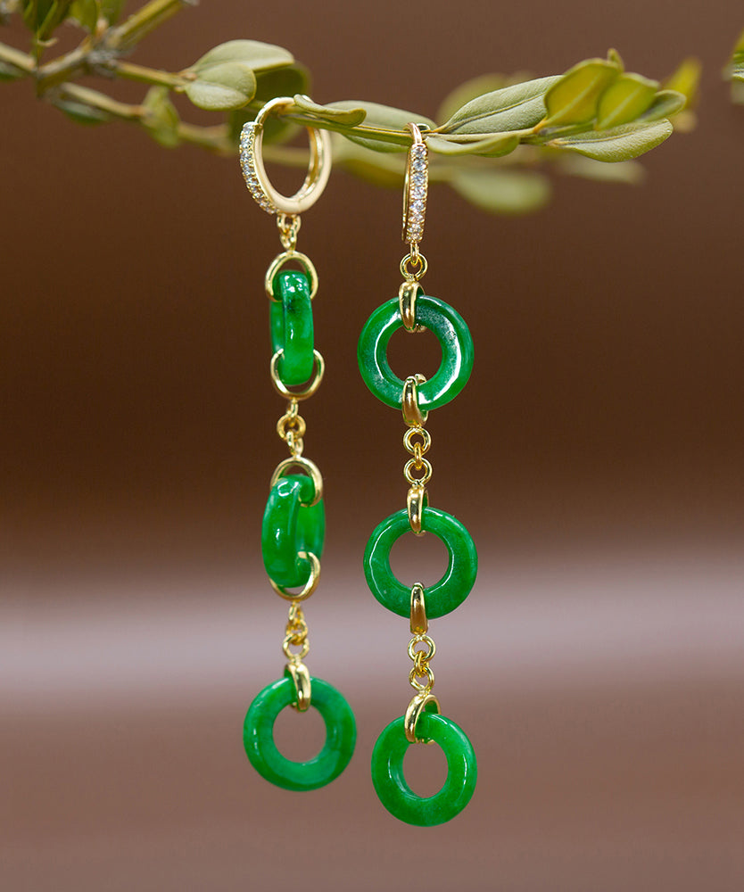 Vintage Green Sterling Silver Overgild Jade Circle Drop Earrings AC1063 Genistyle Shop