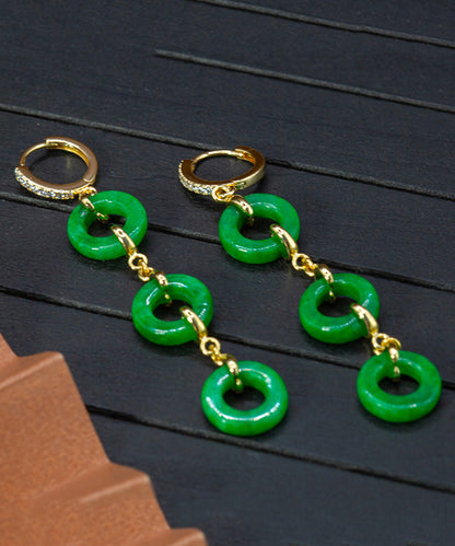 Vintage Green Sterling Silver Overgild Jade Circle Drop Earrings AC1063 Genistyle Shop