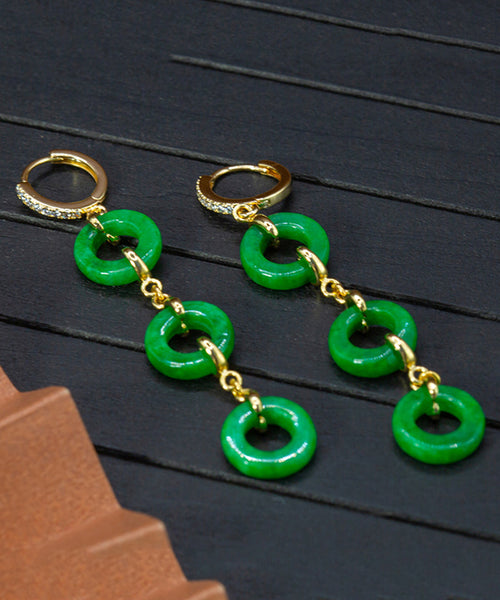 Vintage Green Sterling Silver Overgild Jade Circle Drop Earrings AC1063 Genistyle Shop