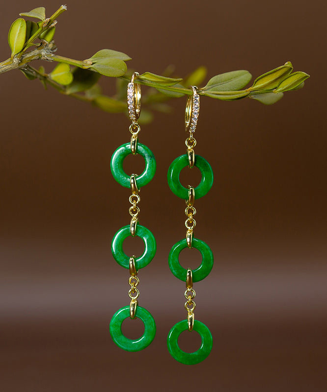 Vintage Green Sterling Silver Overgild Jade Circle Drop Earrings AC1063 Genistyle Shop