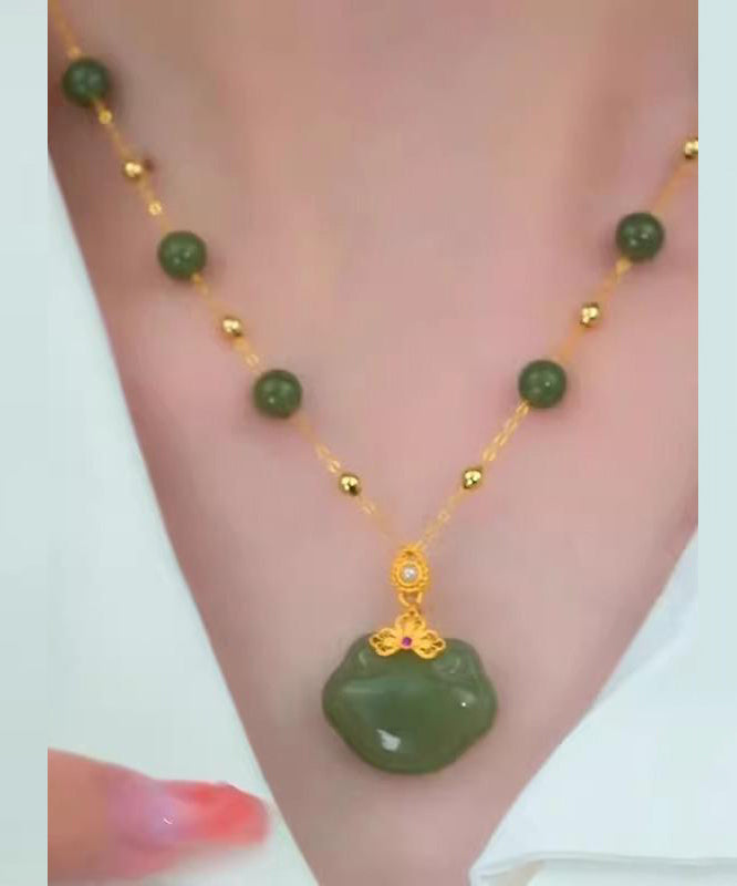 Vintage Green Sterling Silver Overgild Jade Safety Lock Pendant Necklace YA040 ABC