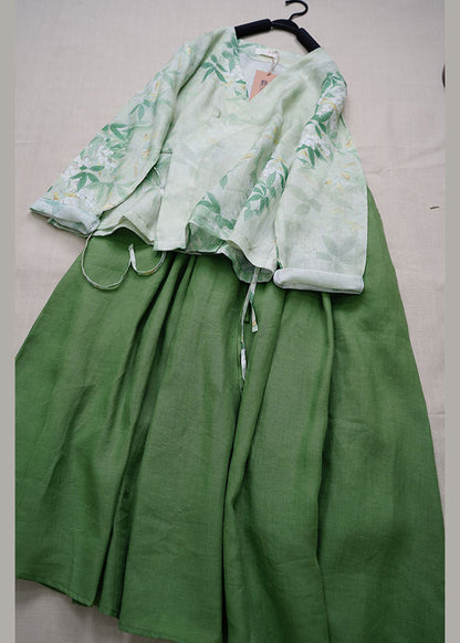 Vintage Green V Neck Print Lace Up Linen Two Pieces Set Summer BV040 MZF-TPIEC240702