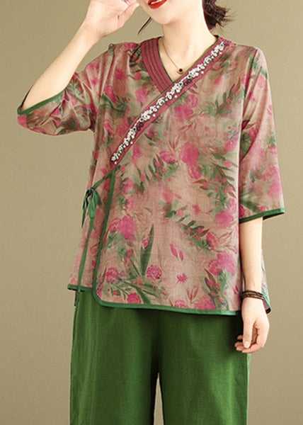 Vintage Green V Neck Print Top Bracelet Sleeve UU032 OM-MM240820