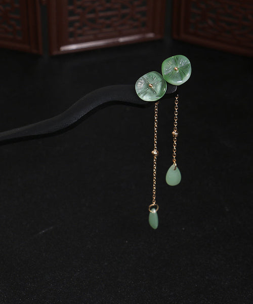 Vintage Green Xylogen Lotus Flower Tassel Hairpin QQ074 JEW-HAI240811