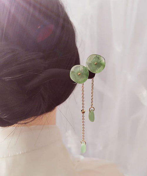 Vintage Green Xylogen Lotus Flower Tassel Hairpin QQ074 JEW-HAI240811