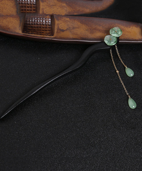 Vintage Green Xylogen Lotus Flower Tassel Hairpin QQ074 JEW-HAI240811