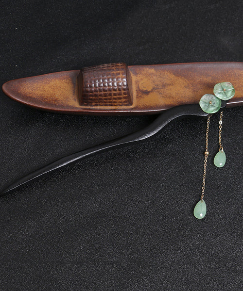 Vintage Green Xylogen Lotus Flower Tassel Hairpin QQ074 JEW-HAI240811