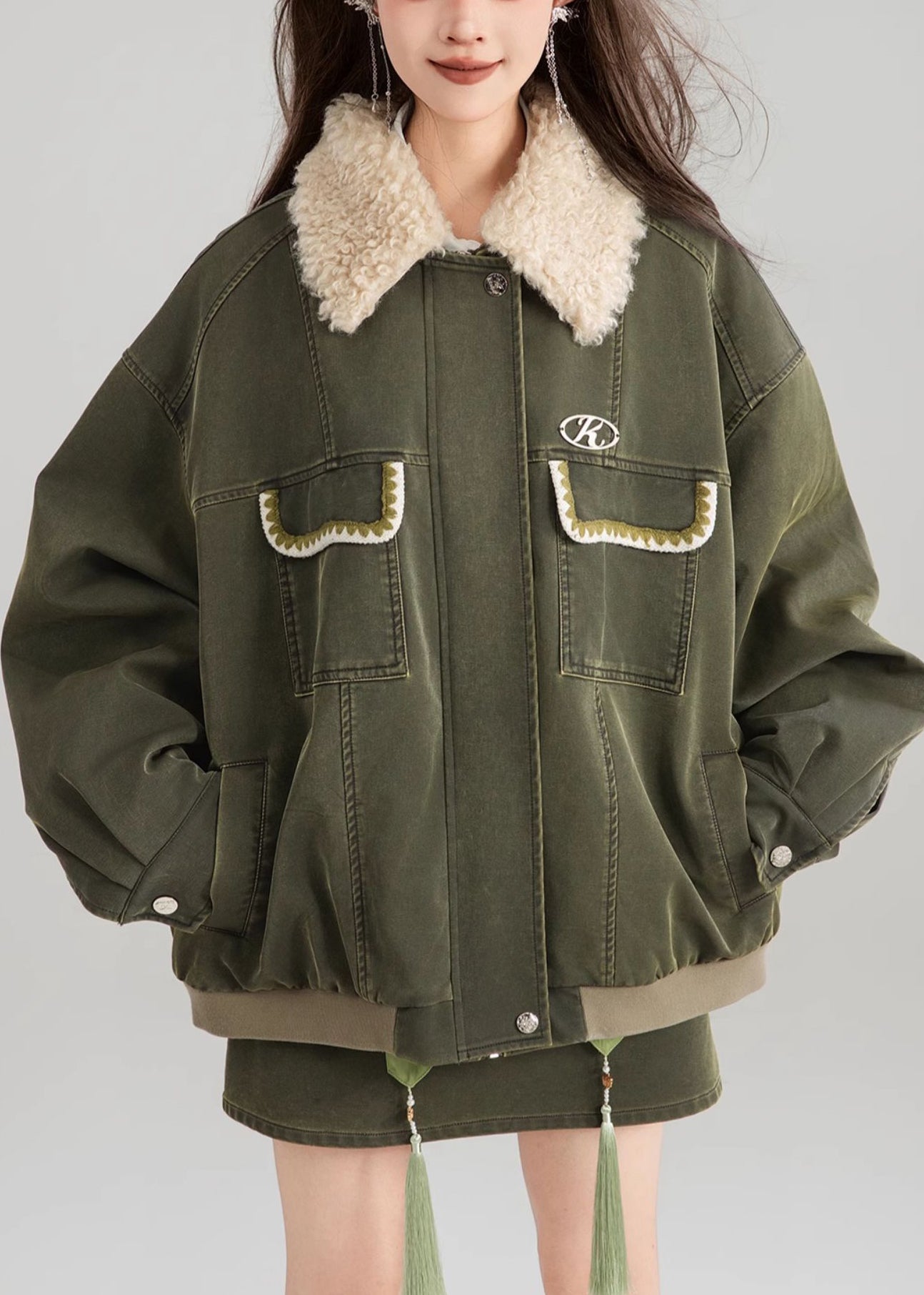 Vintage Green Zippered Pockets Patchwork Parka Spring YW003 ABC