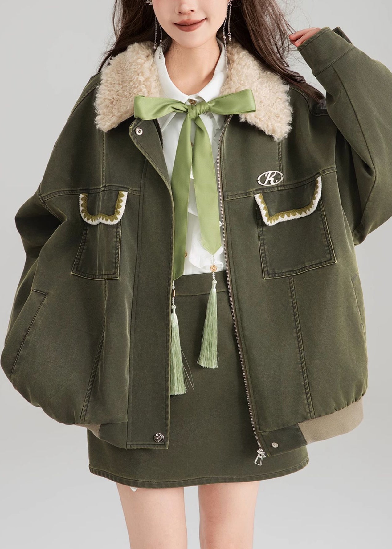 Vintage Green Zippered Pockets Patchwork Parka Spring YW003 ABC