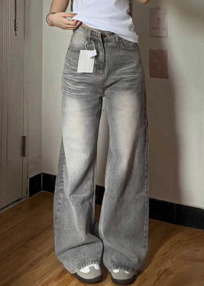 Vintage Grey Pockets High Waist Denim Wide Leg Pants Fall QF045 Men-LPTS241016