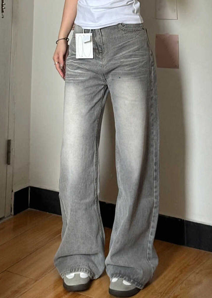Vintage Grey Pockets High Waist Denim Wide Leg Pants Fall QF045 Men-LPTS241016
