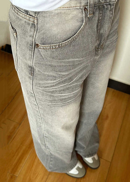 Vintage Grey Pockets High Waist Denim Wide Leg Pants Fall QF045 Men-LPTS241016