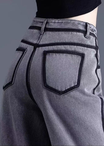 Vintage Grey Pockets High Waist Warm Fleece Pants Spring YW050 ABC