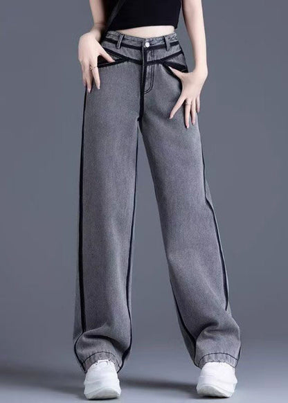 Vintage Grey Pockets High Waist Warm Fleece Pants Spring YW050 ABC