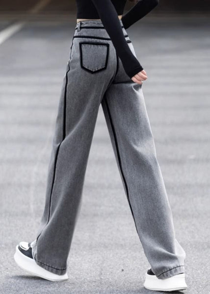 Vintage Grey Pockets High Waist Warm Fleece Pants Spring YW050 ABC