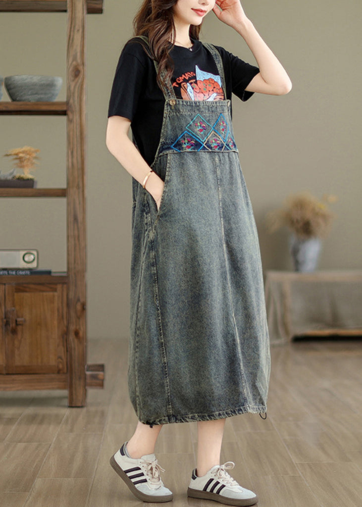 Vintage Grey Pockets Patchwork Drawstring Denim Maxi Dresses Summer UU042 OM-MM240820