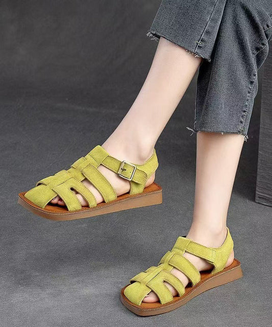 Cowhide Hollow Vintage Green Out Flat Leather Handmade Roman FashionChic