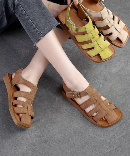 Cowhide Hollow Vintage Green Out Flat Leather Handmade Roman FashionChic