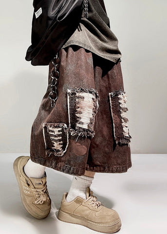 Elastic Shorts Vintage Denim Summer Hole Men Waist Oversized FashionChic