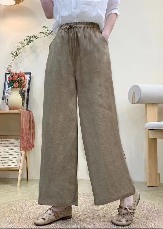 Pants Linen Straight Elastic Khaki Waist Summer Vintage FashionChic