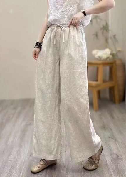 Pants Linen Straight Elastic Khaki Waist Summer Vintage FashionChic