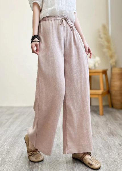 Pants Linen Straight Elastic Khaki Waist Summer Vintage FashionChic