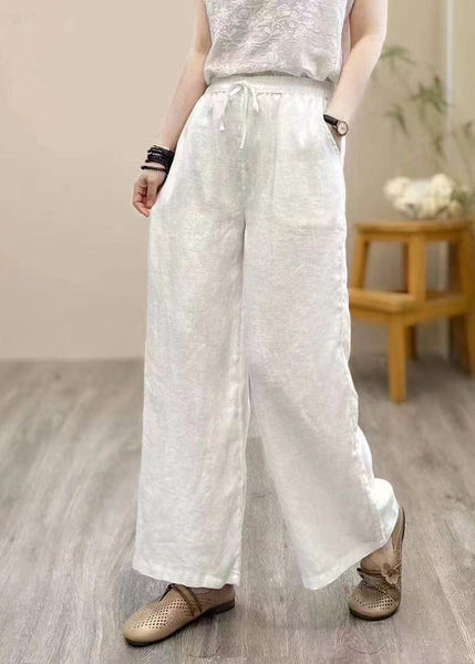 Pants Linen Straight Elastic Khaki Waist Summer Vintage FashionChic