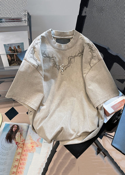 Vintage Khaki O Neck Print Solid Cotton Mens T shirt Summer YL006 ABC