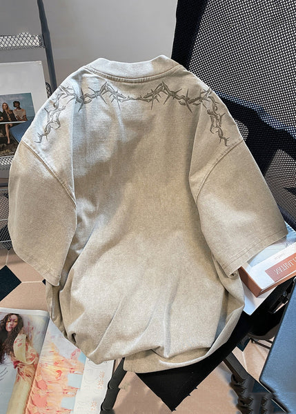 Vintage Khaki O Neck Print Solid Cotton Mens T shirt Summer YL006 ABC