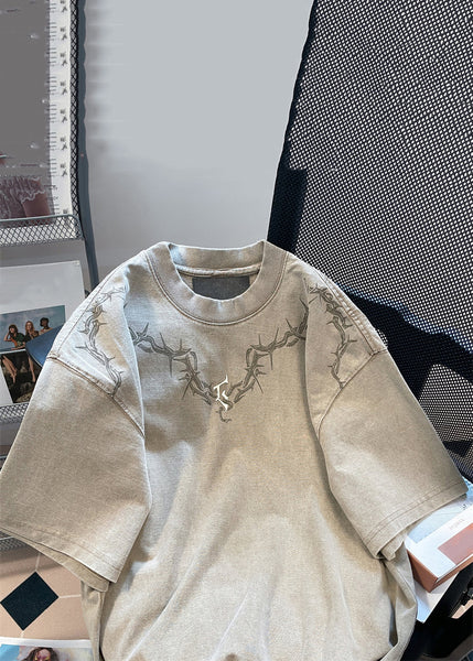 Vintage Khaki O Neck Print Solid Cotton Mens T shirt Summer YL006 ABC