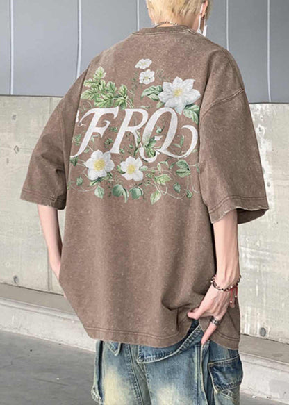 Khaki Cotton Half T Men Cozy Vintage Sleeve Print Shirts FashionChic