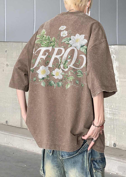 Khaki Cotton Half T Men Cozy Vintage Sleeve Print Shirts FashionChic