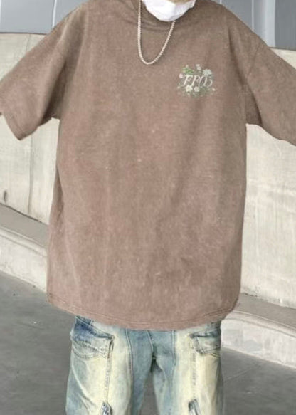 Khaki Cotton Half T Men Cozy Vintage Sleeve Print Shirts FashionChic