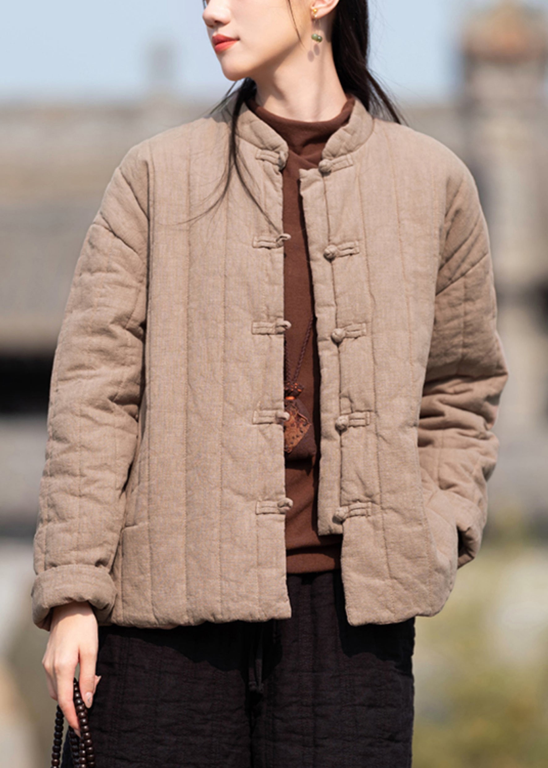 Vintage Khaki Stand Collar Button Pockets Cotton Filled Parkas Winter QO061 MZF-DJK241008