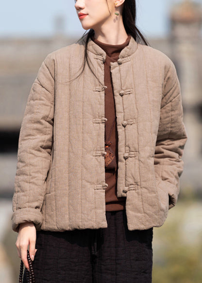 Vintage Khaki Stand Collar Button Pockets Cotton Filled Parkas Winter QO061 MZF-DJK241008