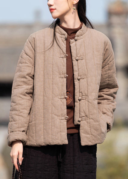 Vintage Khaki Stand Collar Button Pockets Cotton Filled Parkas Winter QO061 MZF-DJK241008