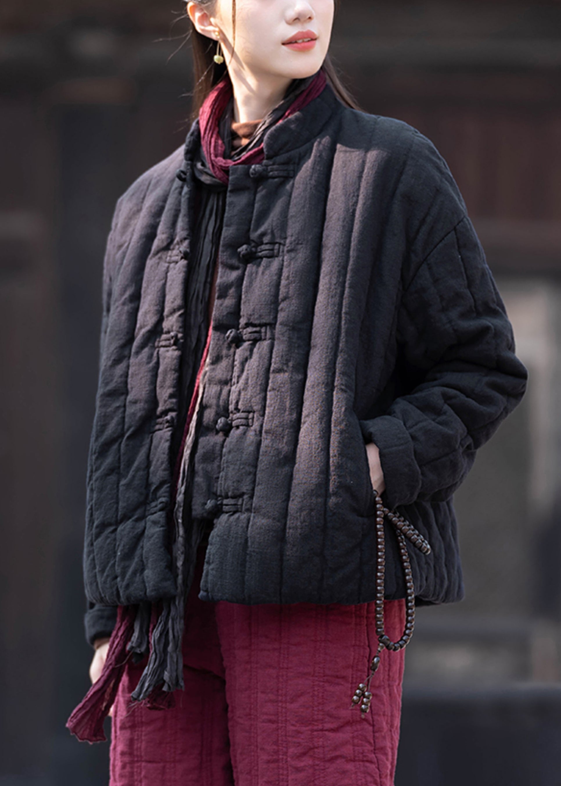 Vintage Khaki Stand Collar Button Pockets Cotton Filled Parkas Winter QO061 MZF-DJK241008