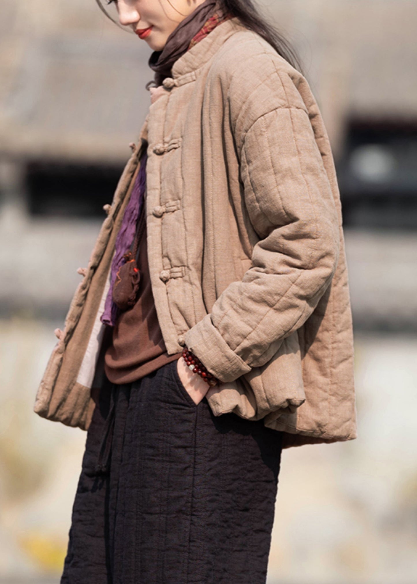 Vintage Khaki Stand Collar Button Pockets Cotton Filled Parkas Winter QO061 MZF-DJK241008