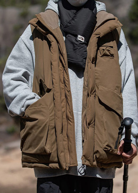 Vintage Khaki Stand Collar Pockets Cotton Filled Men Waistcoat Winter EQ033 ABC