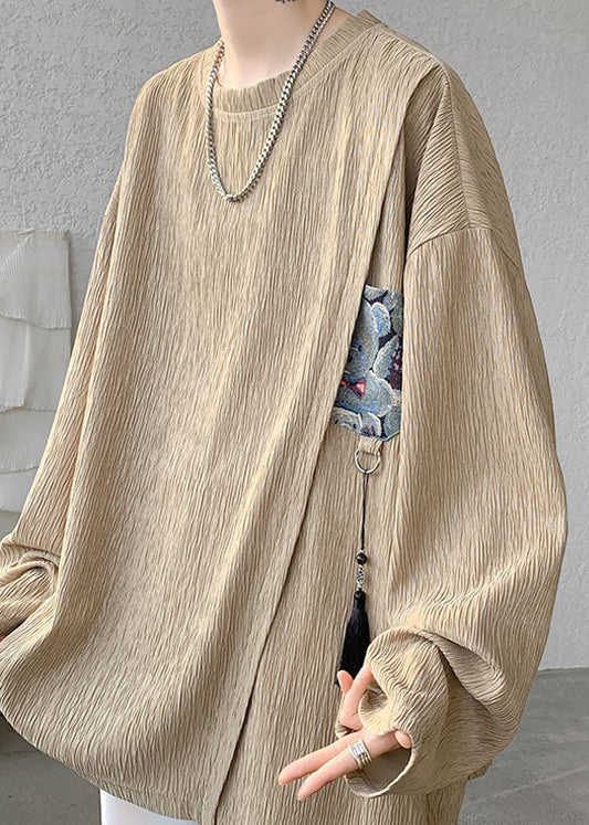 Vintage Khaki Tasseled Patchwork Cotton T Shirts Men Apparel Fall EQ018 ABC