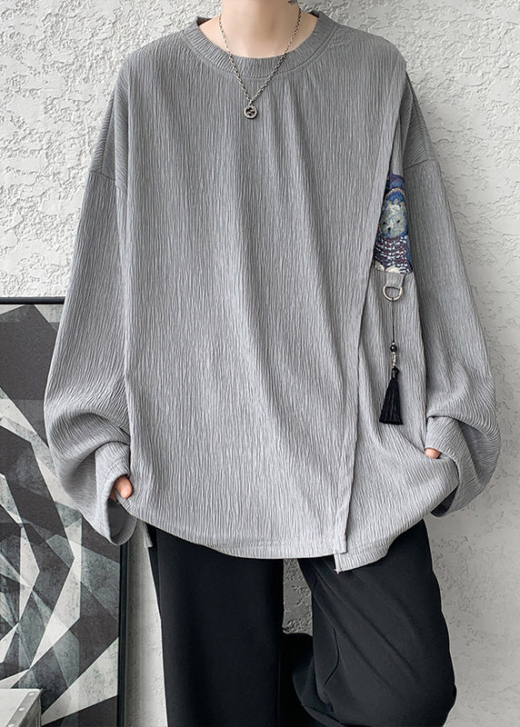 Vintage Khaki Tasseled Patchwork Cotton T Shirts Men Apparel Fall EQ018 ABC