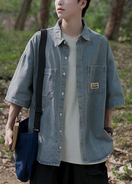 Blue Shirts Denim Pockets Collar Peter Button Vintage Pan Light FashionChic