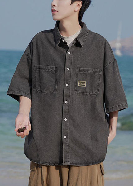 Blue Shirts Denim Pockets Collar Peter Button Vintage Pan Light FashionChic