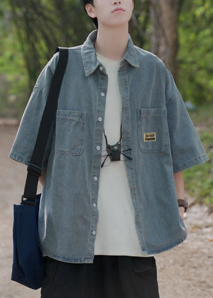 Blue Shirts Denim Pockets Collar Peter Button Vintage Pan Light FashionChic