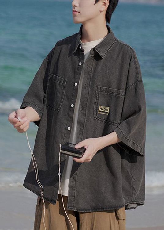 Blue Shirts Denim Pockets Collar Peter Button Vintage Pan Light FashionChic