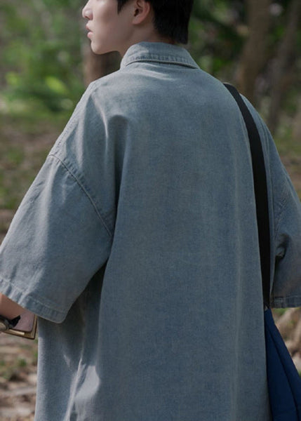 Blue Shirts Denim Pockets Collar Peter Button Vintage Pan Light FashionChic