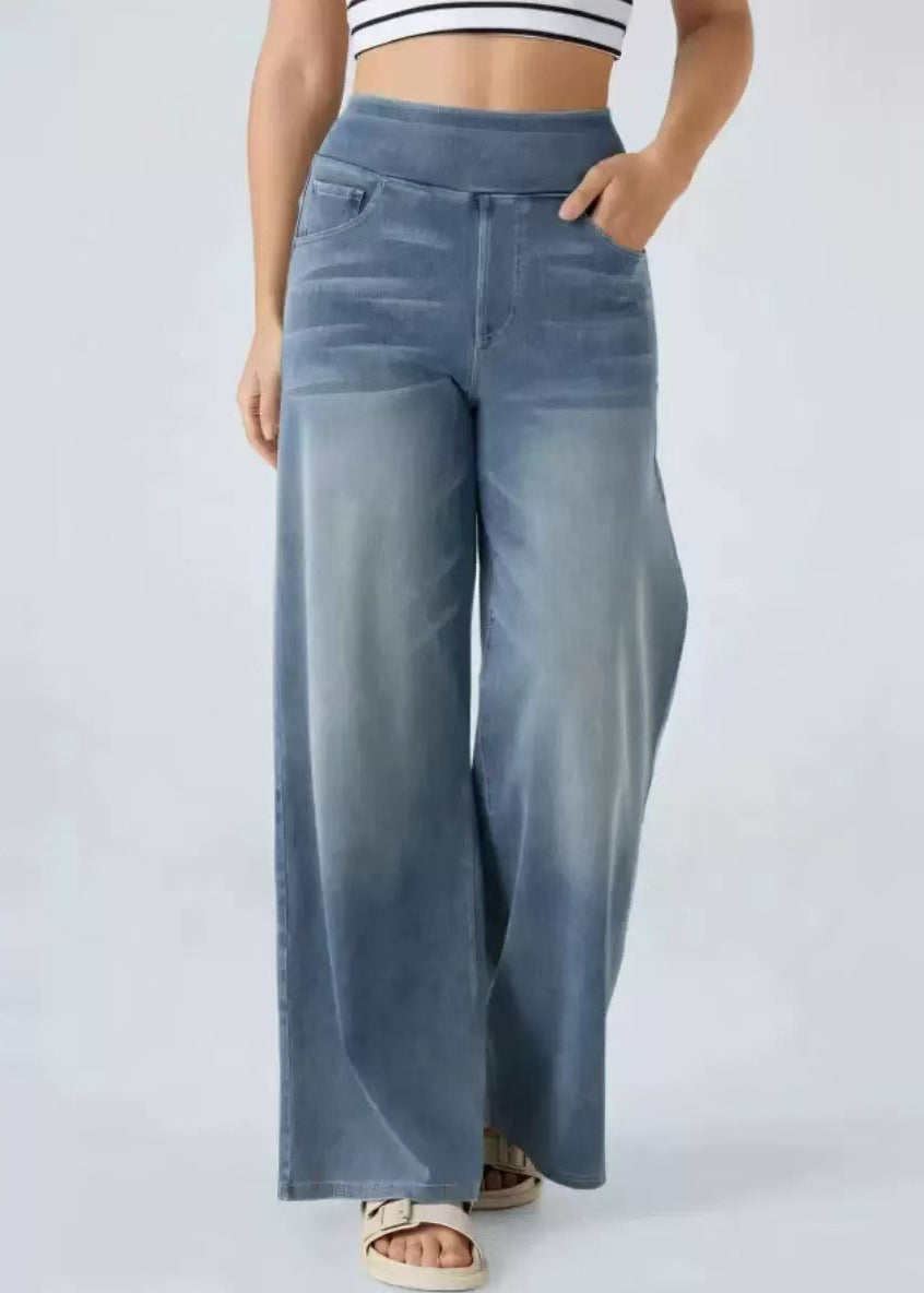 Leg Elastic Blue Light Wide Pants Pockets Denim Vintage Waist FashionChic