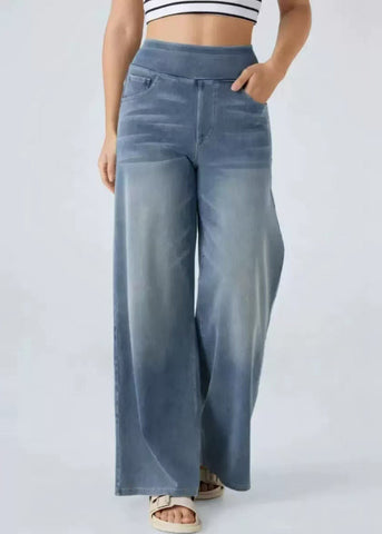 Leg Elastic Blue Light Wide Pants Pockets Denim Vintage Waist FashionChic