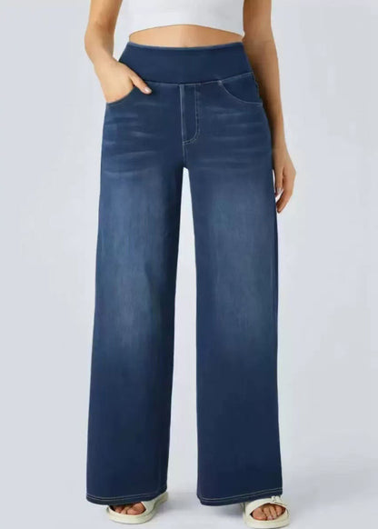 Leg Elastic Blue Light Wide Pants Pockets Denim Vintage Waist FashionChic